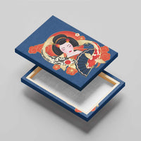 Japanese Geisha Koi Fish Canvas Wall Art Cherry Blossoms Blue Seigaiha Pattern - Polynesian Pride