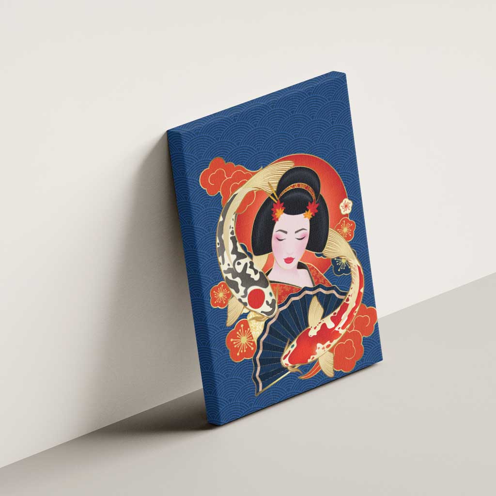 Japanese Geisha Koi Fish Canvas Wall Art Cherry Blossoms Blue Seigaiha Pattern - Polynesian Pride