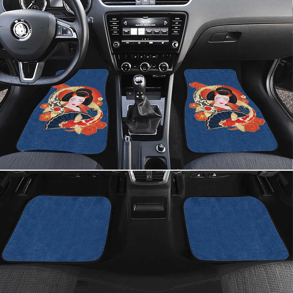 Japanese Geisha Koi Fish Car Mats Cherry Blossoms Blue Seigaiha Pattern - Polynesian Pride