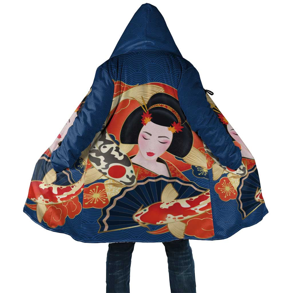 Japanese Geisha Koi Fish Cloak Cherry Blossoms Blue Seigaiha Pattern - Polynesian Pride