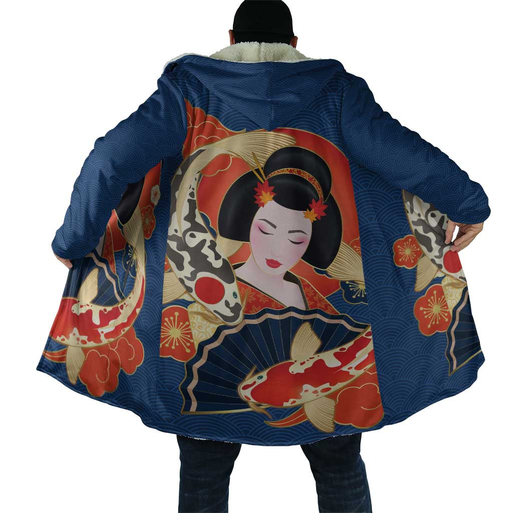 Japanese Geisha Koi Fish Cloak Cherry Blossoms Blue Seigaiha Pattern - Polynesian Pride