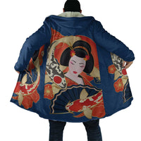 Japanese Geisha Koi Fish Cloak Cherry Blossoms Blue Seigaiha Pattern - Polynesian Pride