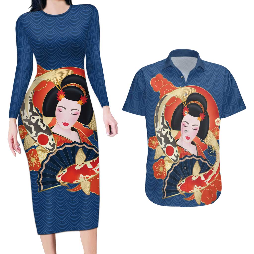 Japanese Geisha Koi Fish Couples Matching Long Sleeve Bodycon Dress and Hawaiian Shirt Cherry Blossoms Blue Seigaiha Pattern - Polynesian Pride
