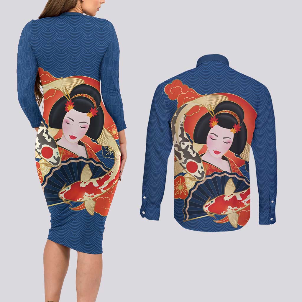 Japanese Geisha Koi Fish Couples Matching Long Sleeve Bodycon Dress and Long Sleeve Button Shirt Cherry Blossoms Blue Seigaiha Pattern - Polynesian Pride