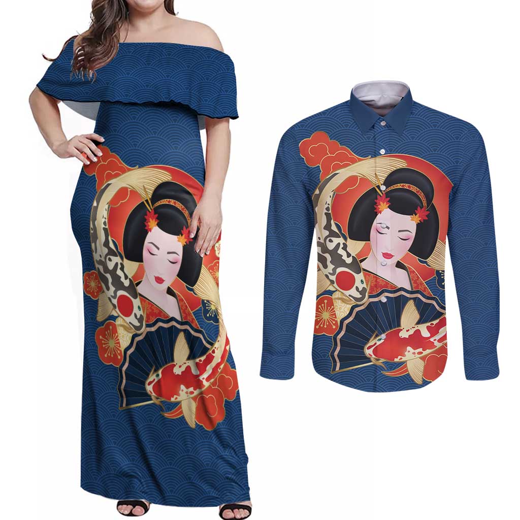 Japanese Geisha Koi Fish Couples Matching Off Shoulder Maxi Dress and Long Sleeve Button Shirt Cherry Blossoms Blue Seigaiha Pattern - Polynesian Pride