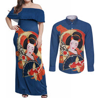 Japanese Geisha Koi Fish Couples Matching Off Shoulder Maxi Dress and Long Sleeve Button Shirt Cherry Blossoms Blue Seigaiha Pattern - Polynesian Pride