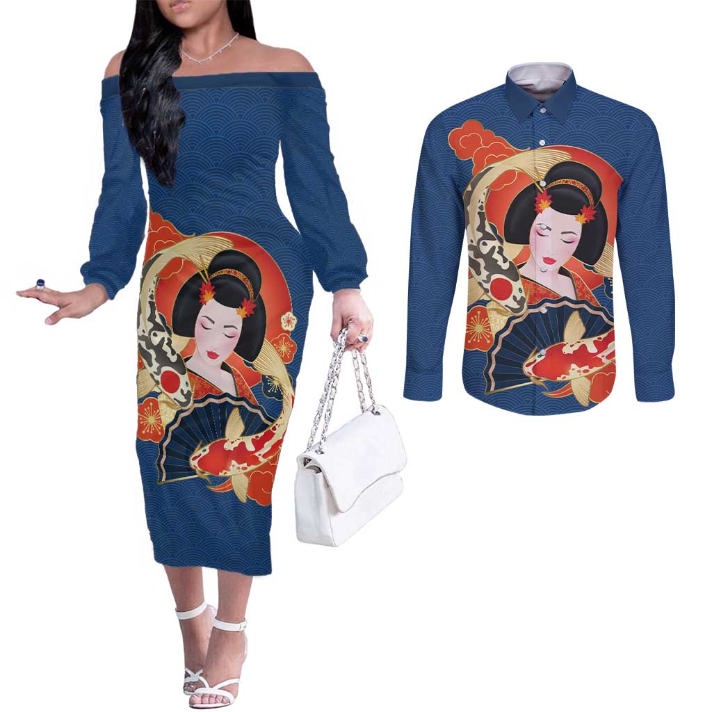 Japanese Geisha Koi Fish Couples Matching Off The Shoulder Long Sleeve Dress and Long Sleeve Button Shirt Cherry Blossoms Blue Seigaiha Pattern - Polynesian Pride