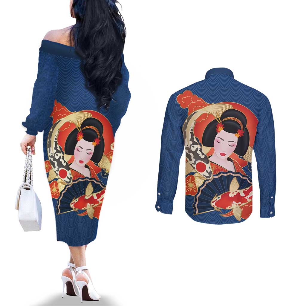 Japanese Geisha Koi Fish Couples Matching Off The Shoulder Long Sleeve Dress and Long Sleeve Button Shirt Cherry Blossoms Blue Seigaiha Pattern - Polynesian Pride