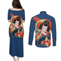 Japanese Geisha Koi Fish Couples Matching Puletasi and Long Sleeve Button Shirt Cherry Blossoms Blue Seigaiha Pattern - Polynesian Pride