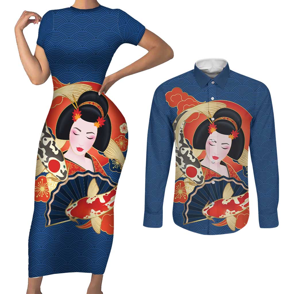 Japanese Geisha Koi Fish Couples Matching Short Sleeve Bodycon Dress and Long Sleeve Button Shirt Cherry Blossoms Blue Seigaiha Pattern - Polynesian Pride