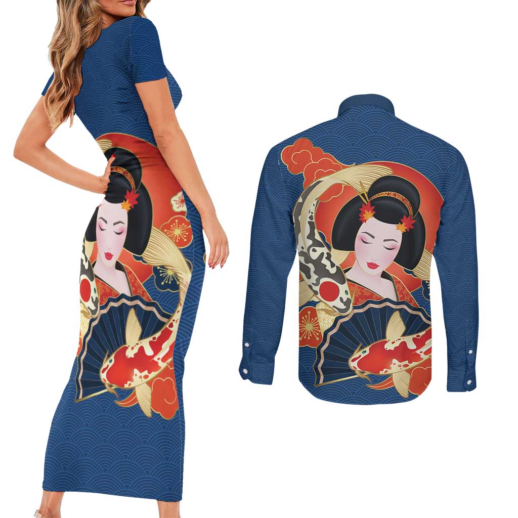 Japanese Geisha Koi Fish Couples Matching Short Sleeve Bodycon Dress and Long Sleeve Button Shirt Cherry Blossoms Blue Seigaiha Pattern - Polynesian Pride