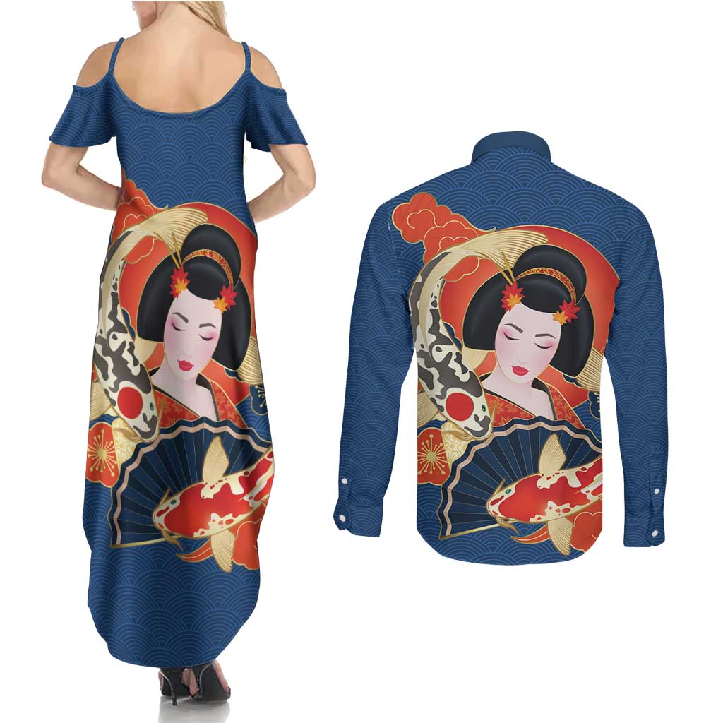 Japanese Geisha Koi Fish Couples Matching Summer Maxi Dress and Long Sleeve Button Shirt Cherry Blossoms Blue Seigaiha Pattern - Polynesian Pride