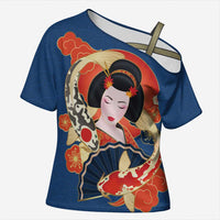 Japanese Geisha Koi Fish Cross Shoulder Shirt Cherry Blossoms Blue Seigaiha Pattern - Polynesian Pride