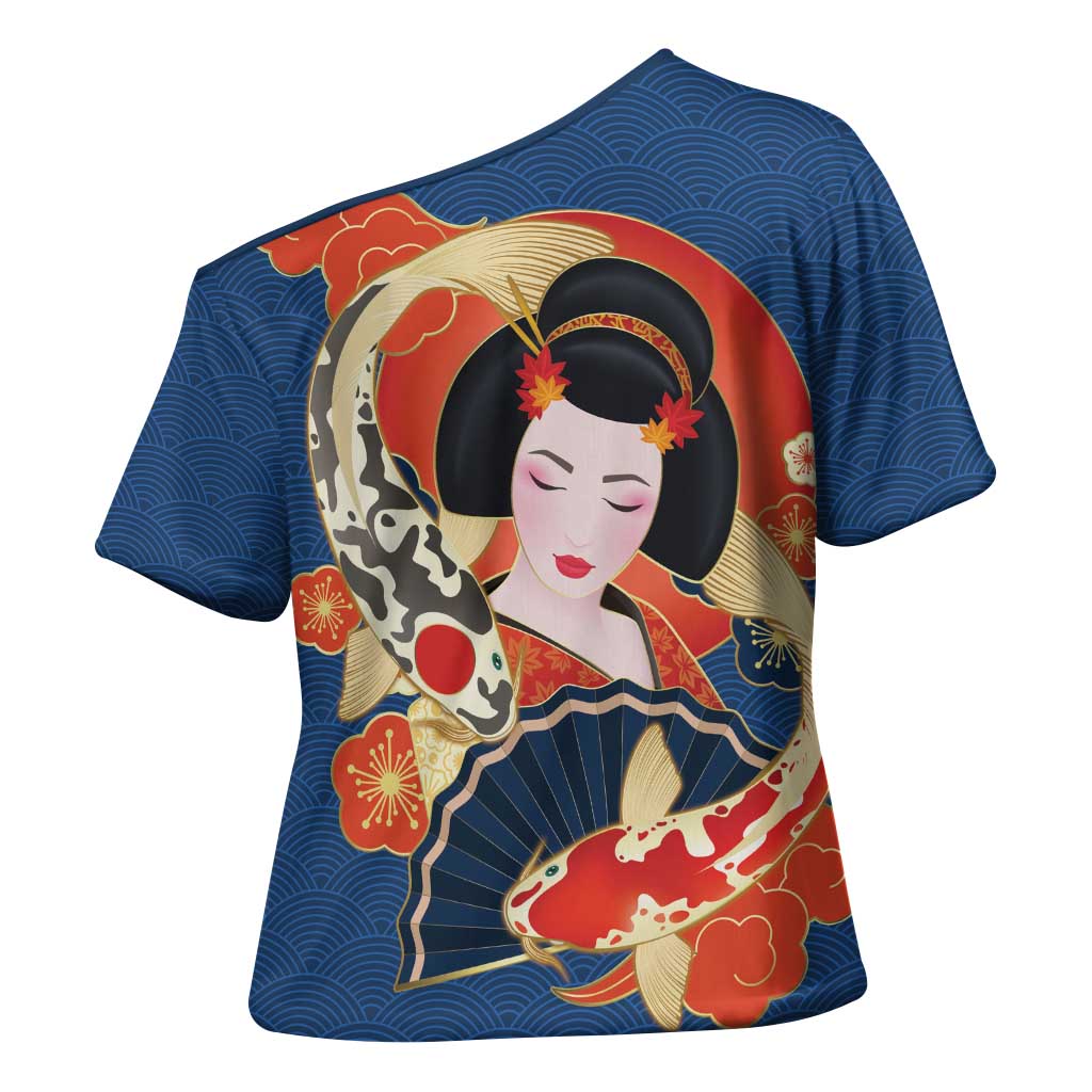Japanese Geisha Koi Fish Cross Shoulder Shirt Cherry Blossoms Blue Seigaiha Pattern - Polynesian Pride