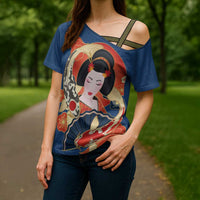 Japanese Geisha Koi Fish Cross Shoulder Shirt Cherry Blossoms Blue Seigaiha Pattern - Polynesian Pride