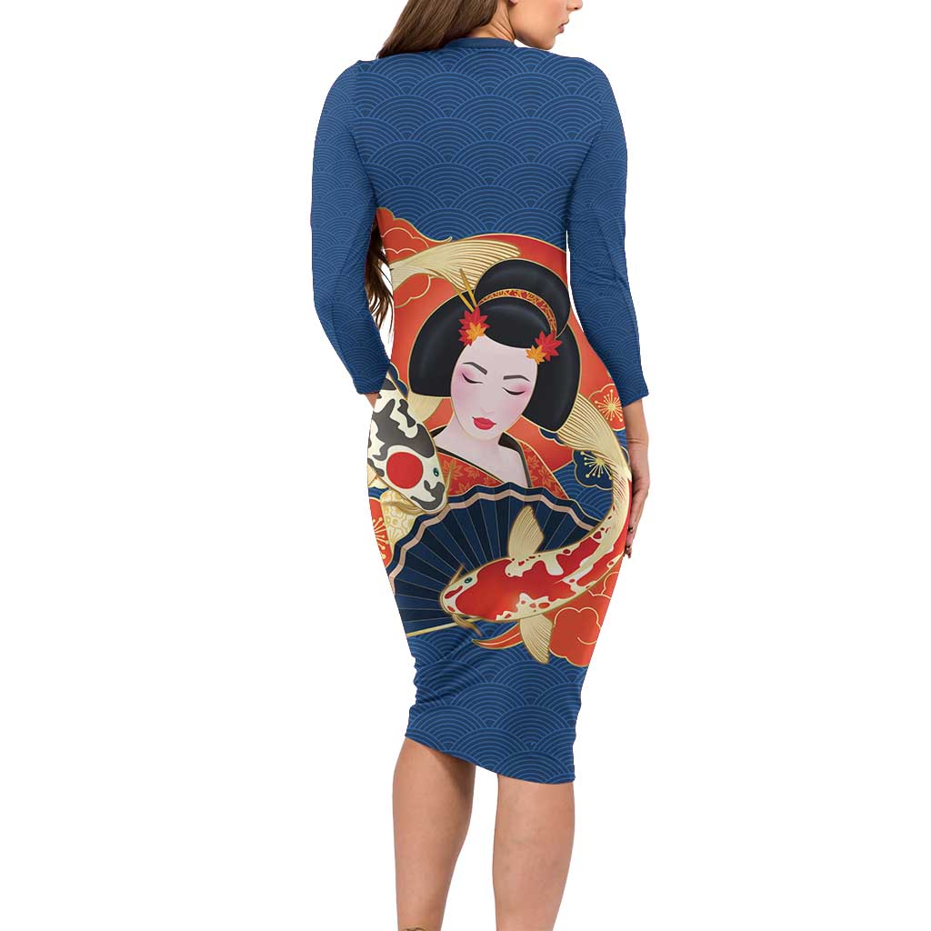 Japanese Geisha Koi Fish Family Matching Long Sleeve Bodycon Dress and Hawaiian Shirt Cherry Blossoms Blue Seigaiha Pattern - Polynesian Pride