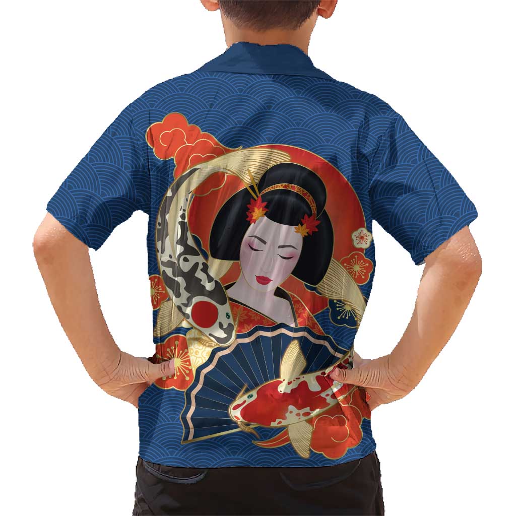 Japanese Geisha Koi Fish Family Matching Mermaid Dress and Hawaiian Shirt Cherry Blossoms Blue Seigaiha Pattern - Polynesian Pride