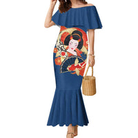 Japanese Geisha Koi Fish Family Matching Mermaid Dress and Hawaiian Shirt Cherry Blossoms Blue Seigaiha Pattern - Polynesian Pride