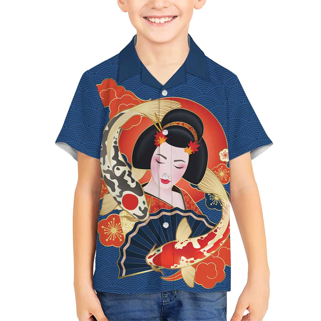 Japanese Geisha Koi Fish Family Matching Mermaid Dress and Hawaiian Shirt Cherry Blossoms Blue Seigaiha Pattern - Polynesian Pride