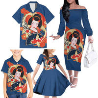 Japanese Geisha Koi Fish Family Matching Off The Shoulder Long Sleeve Dress and Hawaiian Shirt Cherry Blossoms Blue Seigaiha Pattern - Polynesian Pride