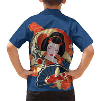 Japanese Geisha Koi Fish Family Matching Off Shoulder Maxi Dress and Hawaiian Shirt Cherry Blossoms Blue Seigaiha Pattern - Polynesian Pride