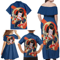 Japanese Geisha Koi Fish Family Matching Off Shoulder Maxi Dress and Hawaiian Shirt Cherry Blossoms Blue Seigaiha Pattern - Polynesian Pride