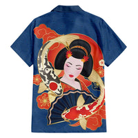 Japanese Geisha Koi Fish Family Matching Off Shoulder Short Dress and Hawaiian Shirt Cherry Blossoms Blue Seigaiha Pattern - Polynesian Pride