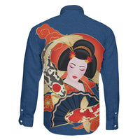 Japanese Geisha Koi Fish Family Matching Off Shoulder Short Dress and Hawaiian Shirt Cherry Blossoms Blue Seigaiha Pattern - Polynesian Pride