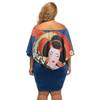 Japanese Geisha Koi Fish Family Matching Off Shoulder Short Dress and Hawaiian Shirt Cherry Blossoms Blue Seigaiha Pattern - Polynesian Pride
