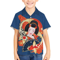 Japanese Geisha Koi Fish Family Matching Off Shoulder Short Dress and Hawaiian Shirt Cherry Blossoms Blue Seigaiha Pattern - Polynesian Pride