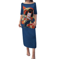 Japanese Geisha Koi Fish Family Matching Puletasi and Hawaiian Shirt Cherry Blossoms Blue Seigaiha Pattern - Polynesian Pride