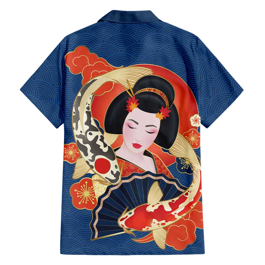 Japanese Geisha Koi Fish Family Matching Short Sleeve Bodycon Dress and Hawaiian Shirt Cherry Blossoms Blue Seigaiha Pattern - Polynesian Pride