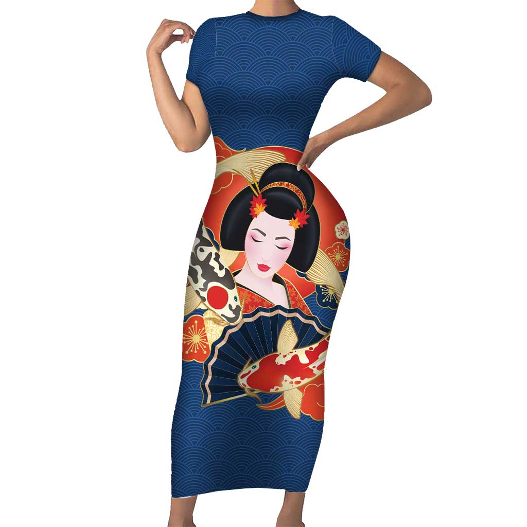 Japanese Geisha Koi Fish Family Matching Short Sleeve Bodycon Dress and Hawaiian Shirt Cherry Blossoms Blue Seigaiha Pattern - Polynesian Pride