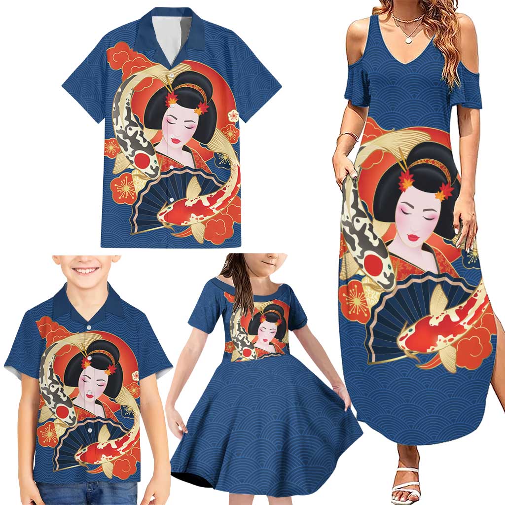 Japanese Geisha Koi Fish Family Matching Summer Maxi Dress and Hawaiian Shirt Cherry Blossoms Blue Seigaiha Pattern - Polynesian Pride
