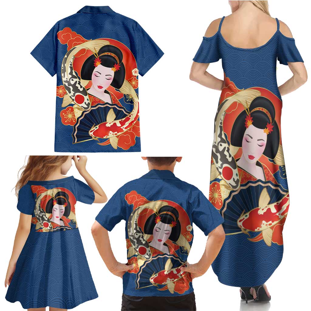 Japanese Geisha Koi Fish Family Matching Summer Maxi Dress and Hawaiian Shirt Cherry Blossoms Blue Seigaiha Pattern - Polynesian Pride