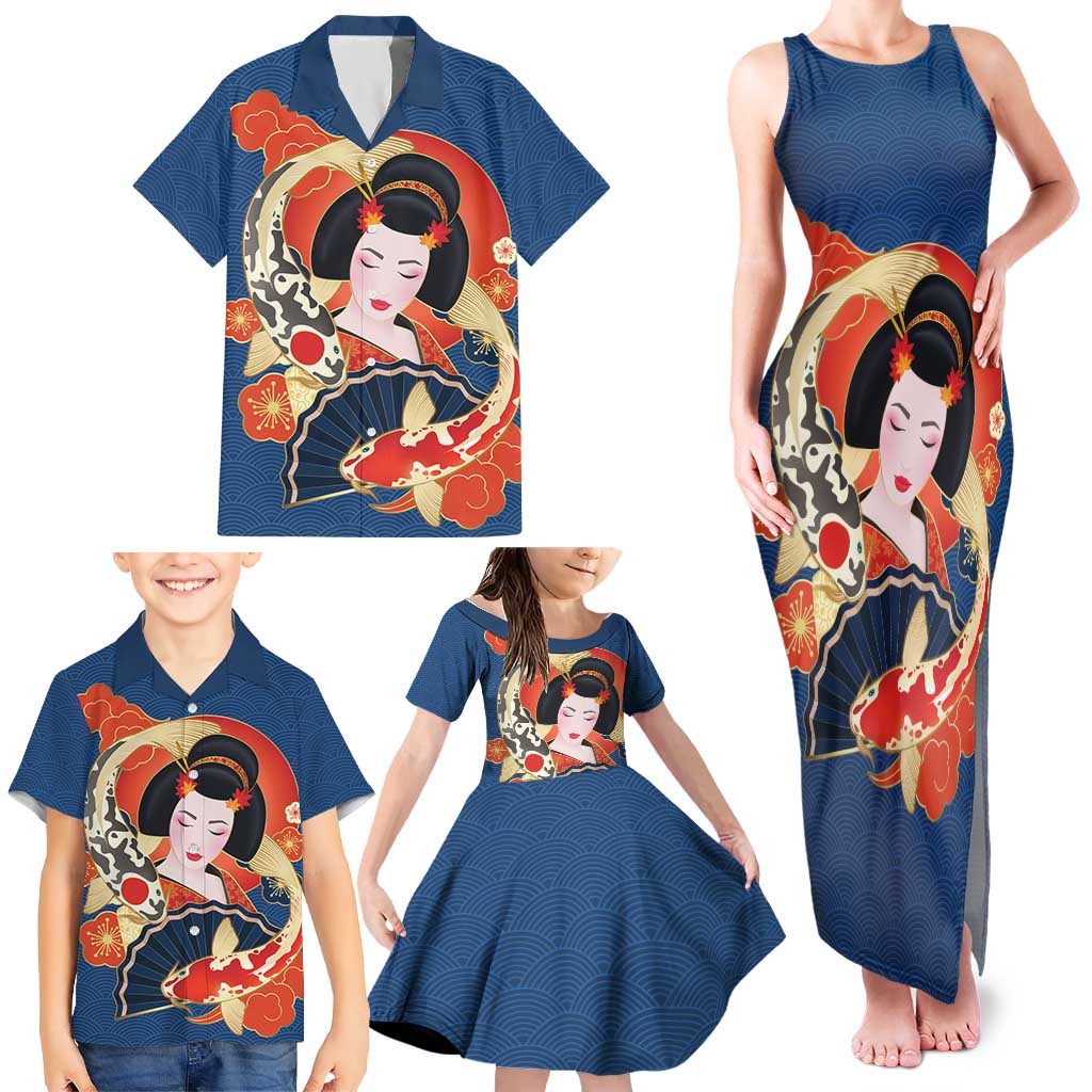 Japanese Geisha Koi Fish Family Matching Tank Maxi Dress and Hawaiian Shirt Cherry Blossoms Blue Seigaiha Pattern - Polynesian Pride