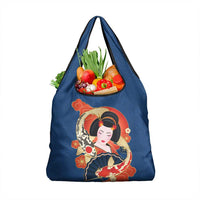 Japanese Geisha Koi Fish Grocery Bag Cherry Blossoms Blue Seigaiha Pattern - Polynesian Pride