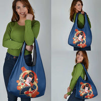 Japanese Geisha Koi Fish Grocery Bag Cherry Blossoms Blue Seigaiha Pattern - Polynesian Pride