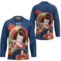 Japanese Geisha Koi Fish Hockey Jersey Cherry Blossoms Blue Seigaiha Pattern - Polynesian Pride