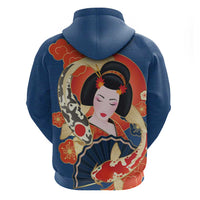 Japanese Geisha Koi Fish Hoodie Cherry Blossoms Blue Seigaiha Pattern - Polynesian Pride