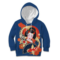 Japanese Geisha Koi Fish Kid Hoodie Cherry Blossoms Blue Seigaiha Pattern - Polynesian Pride