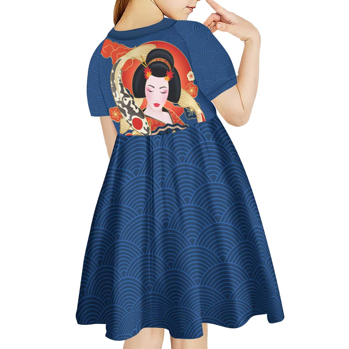 Japanese Geisha Koi Fish Kid Short Sleeve Dress Cherry Blossoms Blue Seigaiha Pattern - Polynesian Pride