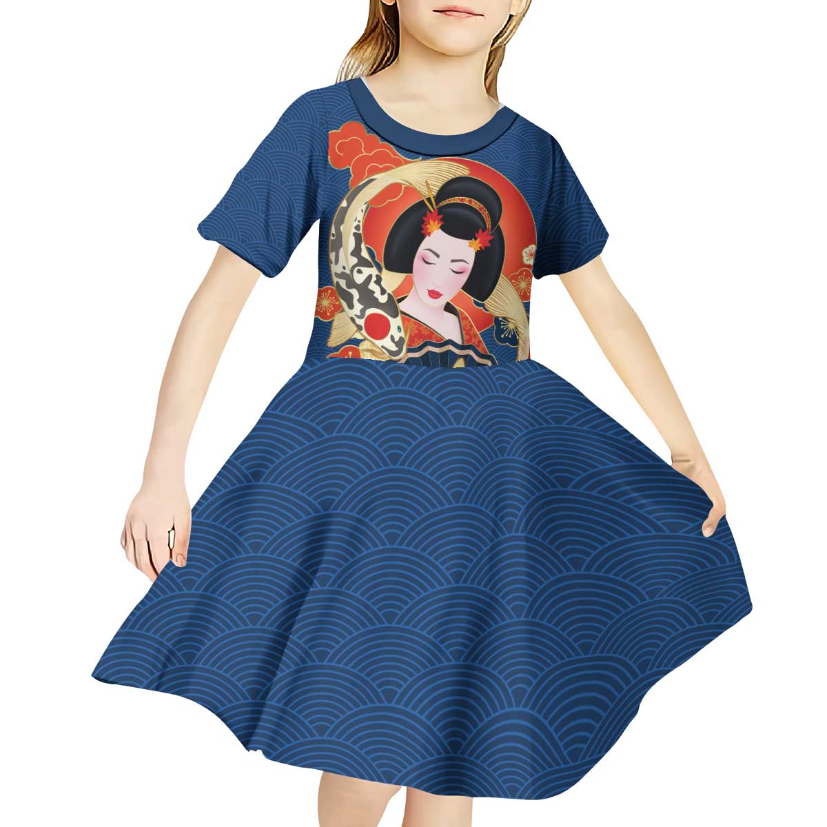 Japanese Geisha Koi Fish Kid Short Sleeve Dress Cherry Blossoms Blue Seigaiha Pattern - Polynesian Pride