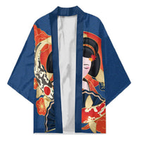 Japanese Geisha Koi Fish Kimono Cherry Blossoms Blue Seigaiha Pattern - Polynesian Pride
