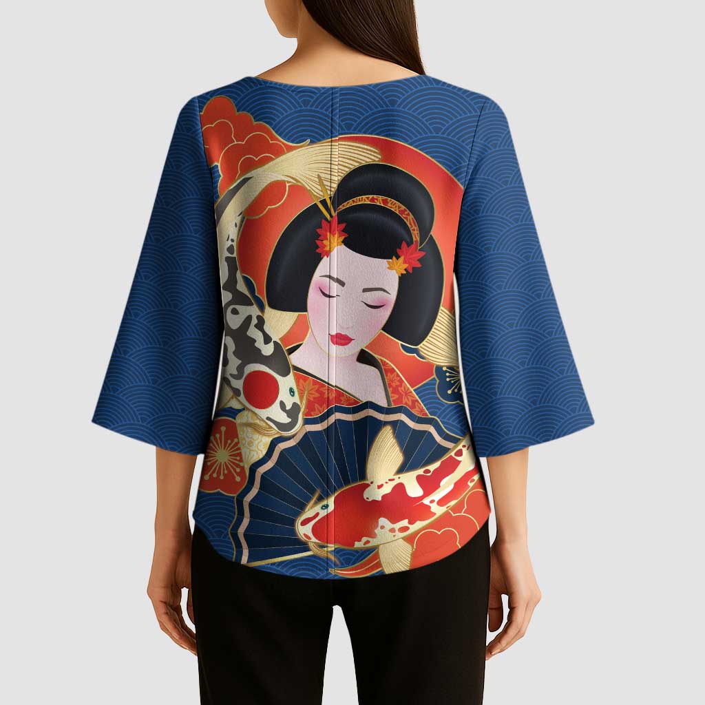 Japanese Geisha Koi Fish Kimono Sleeve Blouse Cherry Blossoms Blue Seigaiha Pattern - Polynesian Pride