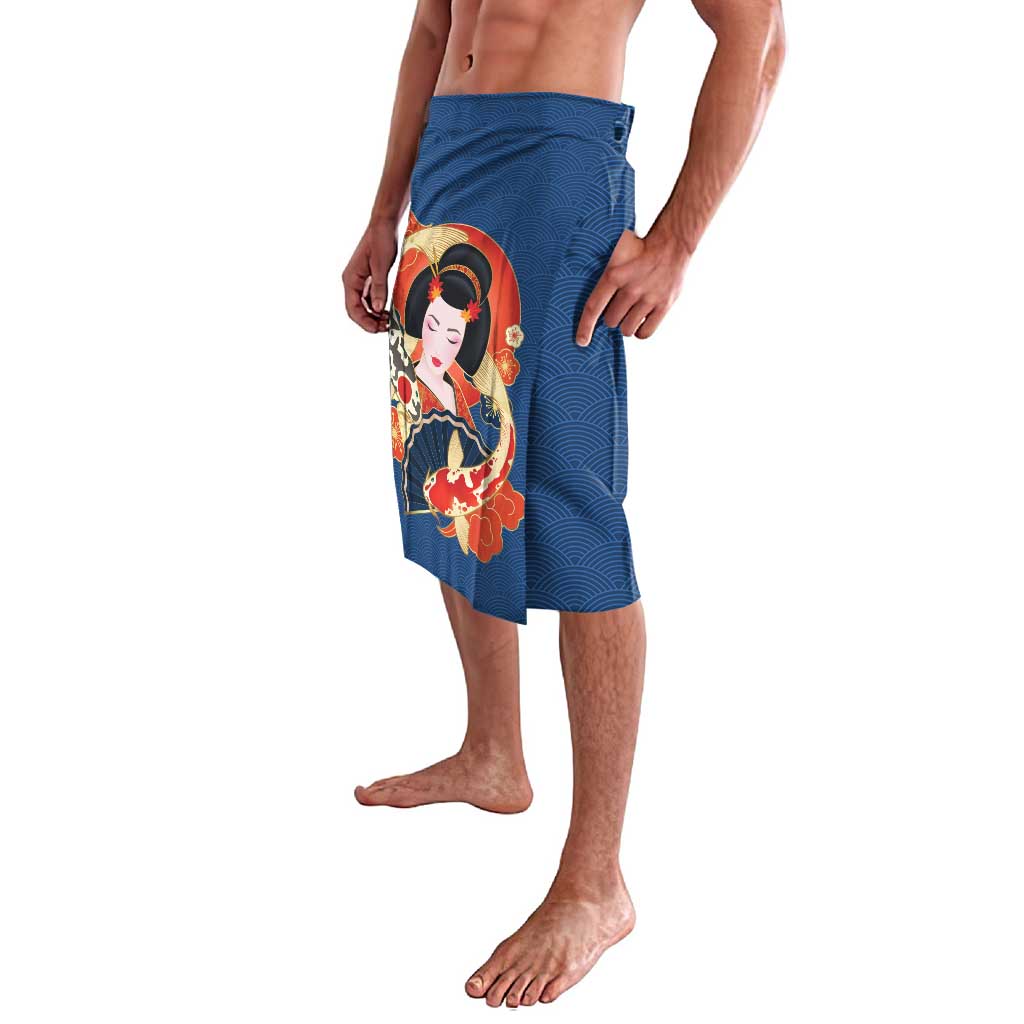 Japanese Geisha Koi Fish Lavalava Cherry Blossoms Blue Seigaiha Pattern - Polynesian Pride