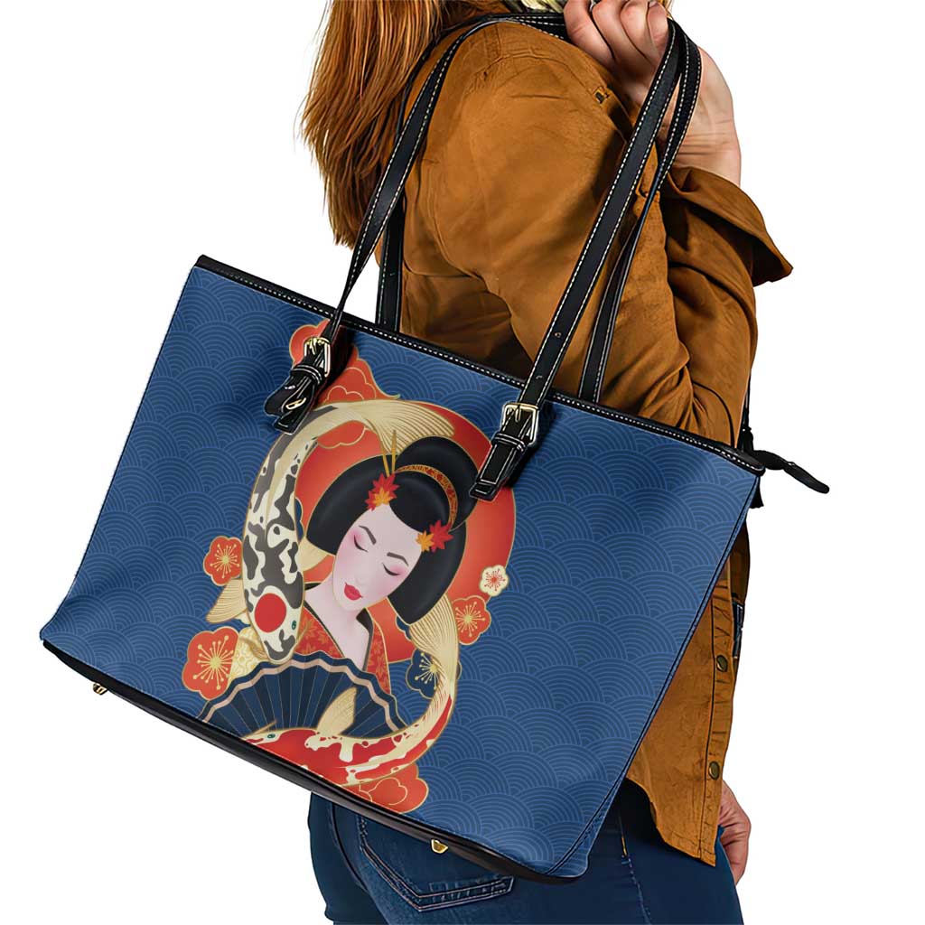 Japanese Geisha Koi Fish Leather Tote Bag Cherry Blossoms Blue Seigaiha Pattern - Polynesian Pride