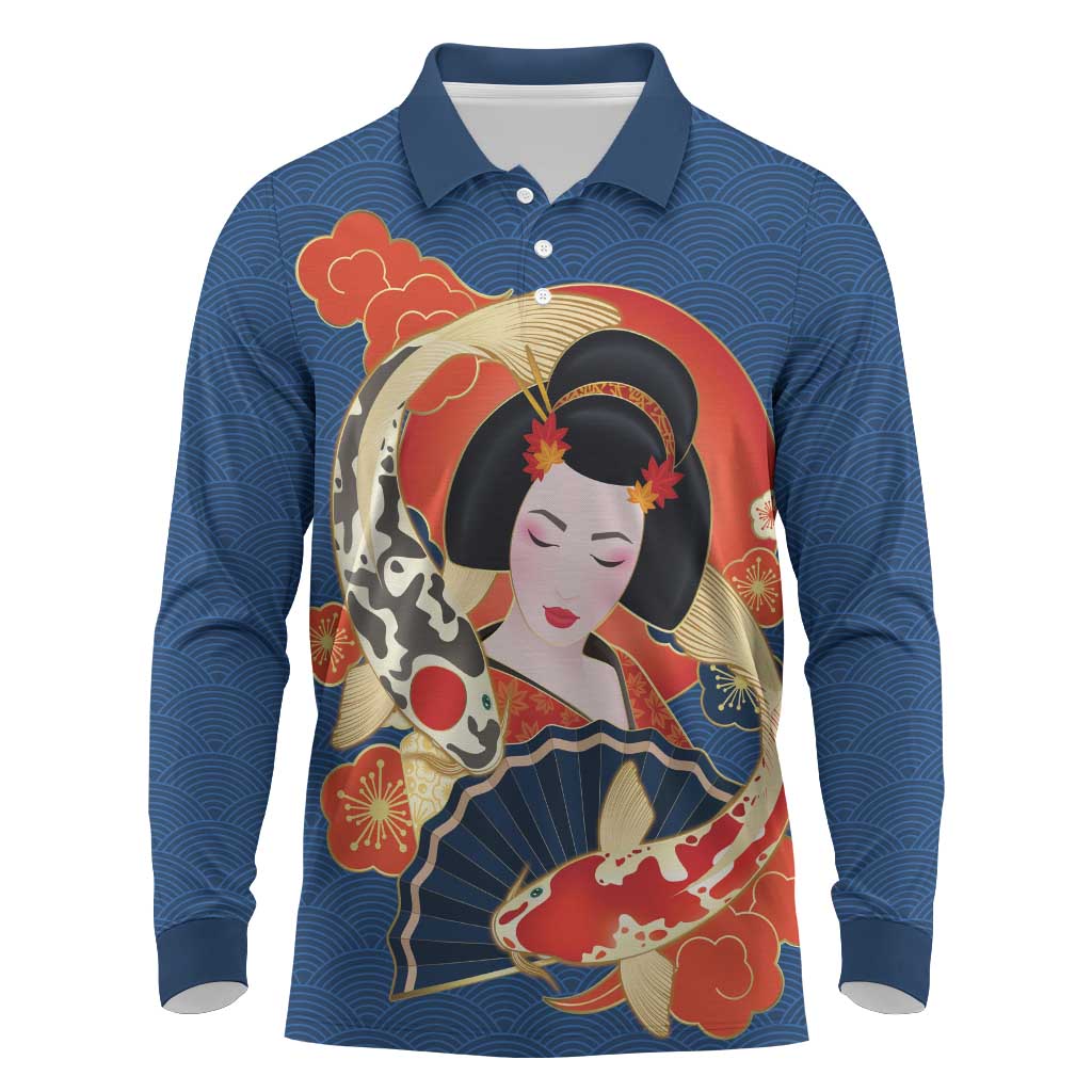 Japanese Geisha Koi Fish Long Sleeve Polo Shirt Cherry Blossoms Blue Seigaiha Pattern - Polynesian Pride