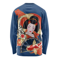 Japanese Geisha Koi Fish Long Sleeve Shirt Cherry Blossoms Blue Seigaiha Pattern - Polynesian Pride