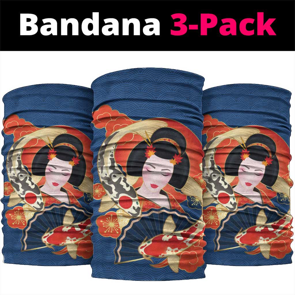 Japanese Geisha Koi Fish Neck Gaiter Cherry Blossoms Blue Seigaiha Pattern - Polynesian Pride